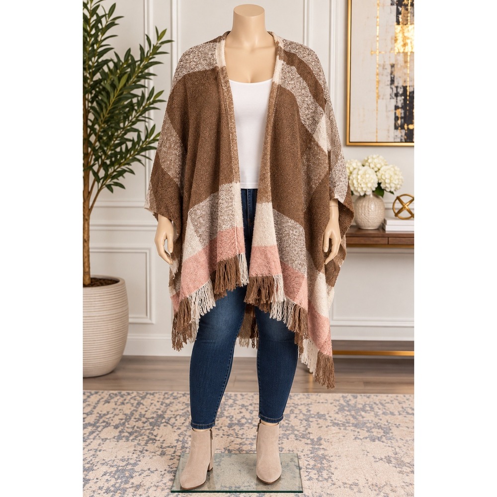 Lane Bryant Women Poncho Wrap Plaid Fringe Brown Pink One Size